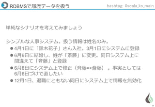 14
RDBMSで履歴データを扱う
単純なシナリオを考えてみましょう
シンプルな人事システム。扱う情報は姓名のみ。
 4月1日に「鈴木花子」さん入社。3月1日にシステムに登録
 6月6日に結婚し、姓が「斎藤」に変更。同日システム上に
間違えて「斉藤」と登録
 6月8日にシステム上で修正（斉藤=>斎藤） 。事実としては
6月6日づけで直したい
 12月1日、退職にともない同日にシステム上で情報を無効化
hashtag: #scala_ks_main
 