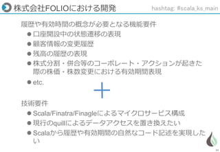 24
株式会社FOLIOにおける開発
履歴や有効時間の概念が必要となる機能要件
 口座開設中の状態遷移の表現
 顧客情報の変更履歴
 残高の履歴の表現
 株式分割・併合等のコーポレート・アクションが起きた
際の株価・株数変更における有効期間表現
 etc.
技術要件
 Scala/Finatra/Finagleによるマイクロサービス構成
 現行のquillによるデータアクセスを置き換えたい
 Scalaから履歴や有効期間の自然なコード記述を実現した
い
hashtag: #scala_ks_main
 