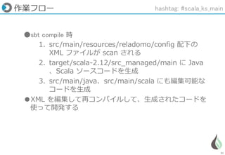 31
作業フロー
●sbt compile 時
1. src/main/resources/reladomo/config 配下の
XML ファイルが scan される
2. target/scala-2.12/src_managed/main に Java
、Scala ソースコードを生成
3. src/main/java、src/main/scala にも編集可能な
コードを生成
●XML を編集して再コンパイルして、生成されたコードを
使って開発する
hashtag: #scala_ks_main
 