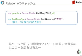 49
val people = PersonFinder.findManyWith(_.all)
val findTaroOp = PersonFinder.firstName.eq(“太郎")
… 前ページと同じ3つのクエリー
前ページと同じ３種類のクエリーの直前に全選択の
クエリーを走らせると…
ReIadomoのキャッシュ
 