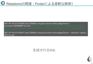 69
Reladomoの関連：Finderによる柔軟な検索1
2017-07-24 21:51:55:924 [main] DEBUG com.gs.fw.common.mithra.sqllogs.Person -
connection:1954406292 find with: select t0.person_id,t0.first_name,t0.last_name,t0.age from person t0
inner join (select distinct t1.owner_id c0 from pet t1 where t1.pet_type_id = 0) as d1 on t0.person_id =
d1.c0
2017-07-24 21:51:55:977 [main] DEBUG com.gs.fw.common.mithra.sqllogs.Person - retrieved 1 objects,
347.0 ms per
生成されるSQL
 