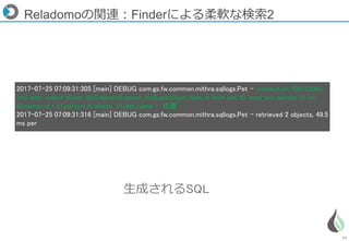 71
Reladomoの関連：Finderによる柔軟な検索2
2017-07-25 07:09:31:305 [main] DEBUG com.gs.fw.common.mithra.sqllogs.Pet - connection:708533063
find with: select t0.pet_id,t0.name,t0.owner_id,t0.age,t0.pet_type_id from pet t0 inner join person t1 on
t0.owner_id = t1.person_id where t1.last_name = '佐藤’
2017-07-25 07:09:31:316 [main] DEBUG com.gs.fw.common.mithra.sqllogs.Pet - retrieved 2 objects, 49.5
ms per
生成されるSQL
 