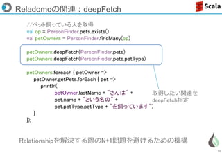 72
Reladomoの関連：deepFetch
Relationshipを解決する際のN+1問題を避けるための機構
//ペット飼っている人を取得
val op = PersonFinder.pets.exists()
val petOwners = PersonFinder.findMany(op)
petOwners.deepFetch(PersonFinder.pets)
petOwners.deepFetch(PersonFinder.pets.petType)
petOwners.foreach { petOwner =>
petOwner.getPets.forEach { pet =>
println(
petOwner.lastName + "さんは" +
pet.name + "という名の" +
pet.petType.petType + "を飼っています")
}
});
取得したい関連を
deepFetch指定
 