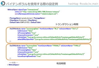 84
<MithraObject objectType=“transactional”
xmlns:xsi=“http://www.w3.org/2001/XMLSchema-instance”
xsi:noNamespaceSchemaLocation=“reladomoobject.xsd”>
<PackageName>sample.domain</PackageName>
<ClassName>Employee</ClassName>
<DefaultTable>EMPLOYEE</DefaultTable>
<AsOfAttribute name=“processingDate” fromColumnName=“IN_Z” toColumnName=“OUT_Z”
toIsInclusive=“false”
isProcessingDate=“true”
timezoneConversion=“none”
infinityDate=“[com.gs.fw.common.mithra.util.DefaultInfinityTimestamp.getDefaultInfinity()]”
defaultIfNotSpecified=“[com.gs.fw.common.mithra.util.DefaultInfinityTimestamp.getDefaultInfinity()]”
/>
<AsOfAttribute name=“businessDate” fromColumnName=“FROM_Z” toColumnName=“THRU_Z”
toIsInclusive=“false”
isProcessingDate=“false”
timezoneConversion=“none”
infinityDate=“[com.gs.fw.common.mithra.util.DefaultInfinityTimestamp.getDefaultInfinity()]”
futureExpiringRowsExist=“true”
/>
・・・省略・・・
</MithraObject>
バイテンポラルを使用する際の設定例 hashtag: #scala_ks_main
トランザクション時間
有効時間
 