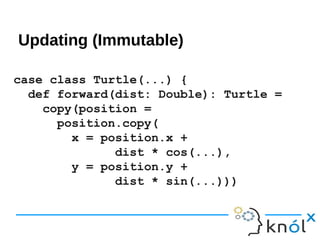 updating
(immutable)
case class Turtle(...) {
def forward(dist: Double): Turtle =
copy(position =
position.copy(
x = position.x +
dist * cos(...),
y = position.y +
dist * sin(...)))
Updating (Immutable)
 