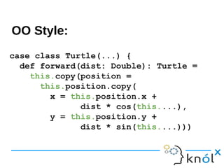 case class Turtle(...) {
def forward(dist: Double): Turtle =
this.copy(position =
this.position.copy(
x = this.position.x +
dist * cos(this....),
y = this.position.y +
dist * sin(this....)))
OO Style:
 