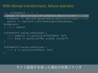 val coffeeFutT = for {
beans <- OptionT(grindFreshBeans(Beans(fresh=false)))
hotWater <- OptionT(getHotWater(Kettle(filled=true)))
result <- OptionT.liftF(makingCoffee(beans,
hotWater))
} yield result
coffeeFutT.value.onSuccess {
case Some(s) => println(s"SUCCESS: $s")
case None => println("No coffee found?")
}
coffeeFutT.value.onFailure {
case x => println(s"FAIL: $x")
}
With Monad transformers, failure scenario
 