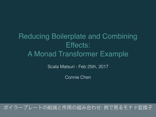 Reducing Boilerplate and Combining
Effects:
A Monad Transformer Example
Scala Matsuri - Feb 25th, 2017
Connie Chen
:
 