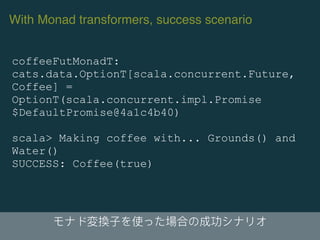 coffeeFutMonadT:
cats.data.OptionT[scala.concurrent.Future,
Coffee] =
OptionT(scala.concurrent.impl.Promise
$DefaultPromis...