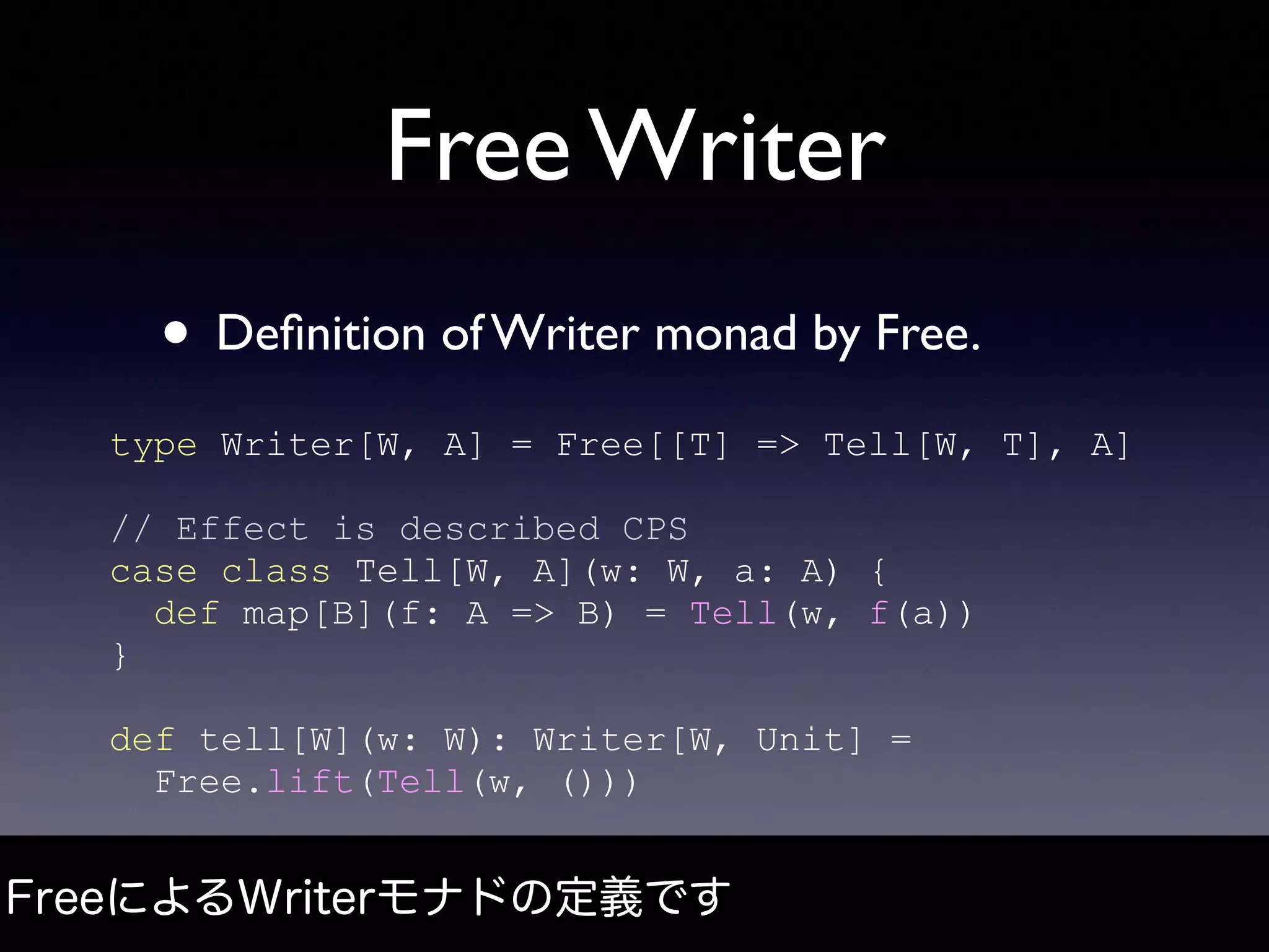 Free Writer
• Deﬁnition of Writer monad by Free.
FreeによるWriterモナドの定義です
type Writer[W, A] = Free[[T] => Tell[W, T], A]
// Effect is described CPS
case class Tell[W, A](w: W, a: A) {
def map[B](f: A => B) = Tell(w, f(a))
}
def tell[W](w: W): Writer[W, Unit] =
Free.lift(Tell(w, ()))
 