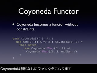 Coyoneda Functor
• Coyoneda becomes a functor without
constraints.
Coyonedaは制約なしにファンクタになります
enum Coyoneda[F[_], A] {
def m...