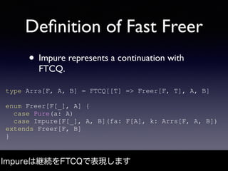 Deﬁnition of Fast Freer
• Impure represents a continuation with
FTCQ.
Impureは継続をFTCQで表現します
type Arrs[F, A, B] = FTCQ[[T] =...