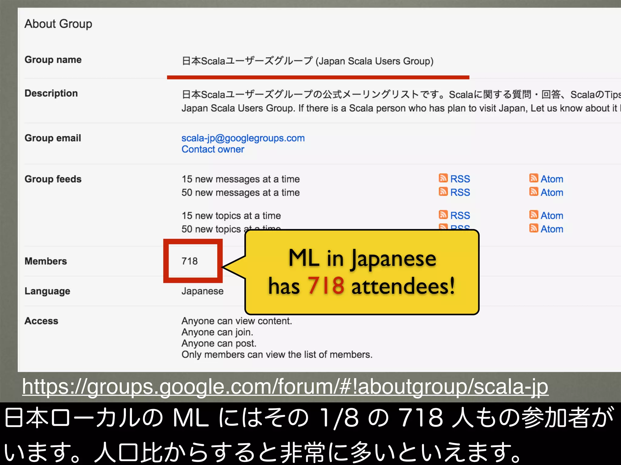 https://groups.google.com/forum/#!aboutgroup/scala-jp
ML in Japanese
has 718 attendees!
日本ローカルの ML にはその 1/8 の 718 人もの参加者が
います。人口比からすると非常に多いといえます。
 