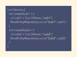 trait Service {
def createSub1 = {
val sub1 = Sub1(None, "sub1")
RootEntityRepository.save("Sub1", sub1)
}
def createSub2 = {
val sub2 = Sub2(None, "sub2")
RootEntityRepository.save("Sub2", sub2)
}
}
 