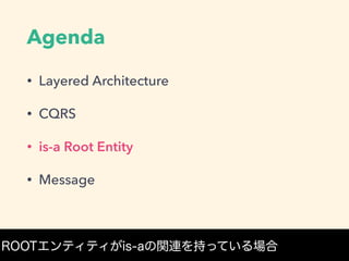 Agenda
• Layered Architecture
• CQRS
• is-a Root Entity
• Message
ROOTエンティティがis-aの関連を持っている場合
 