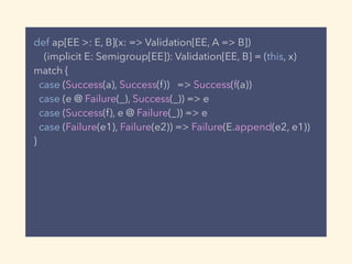 def ap[EE >: E, B](x: => Validation[EE, A => B])
(implicit E: Semigroup[EE]): Validation[EE, B] = (this, x)
match {
case (Success(a), Success(f)) => Success(f(a))
case (e @ Failure(_), Success(_)) => e
case (Success(f), e @ Failure(_)) => e
case (Failure(e1), Failure(e2)) => Failure(E.append(e2, e1))
}
 