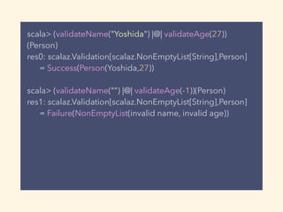 scala> (validateName("Yoshida") |@| validateAge(27))
(Person)
res0: scalaz.Validation[scalaz.NonEmptyList[String],Person]
= Success(Person(Yoshida,27))
scala> (validateName("") |@| validateAge(-1))(Person)
res1: scalaz.Validation[scalaz.NonEmptyList[String],Person]
= Failure(NonEmptyList(invalid name, invalid age))
 