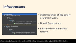 infrastructure
• implementation of Repository
or Domain Event.
• DI with Cake pattern.
• It has no direct inheritance
relation.
infrastructure層。RepositoryやDomainEventの実装を持つ。Cake patternでDIされる。直接の継承関係を持たない。
 