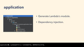 application
• Generate Lambda's module.
• Dependency injection.
application層。Lambdaのモジュールを生成する。依存性が注入する。
 