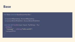 Base
trait Base extends BaseStreamHandler {
val accountRepository: AccountRepository
val accountEventPublisher: AccountEventPublisher
override def handle(input: Input): Try[String] = Try {
JsObject(
"message" -> JsString("hello world!!")
).compactPrint
}
}
 