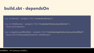 build.sbt - dependsOn
lazy val domain = (project in ﬁle("./modules/domain")).
lazy val infraDomain = (project in ﬁle("./modules/infrastructure/domain")).
dependsOn(domain).
lazy val appAccountModiﬁed = (project in ﬁle(“./modules/application/accountmodiﬁed”)).
dependsOn(infraLambdaConsumer, infraDomain).
依存関係は、API Gatewayとほぼ同じ。
 