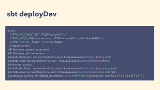 sbt deployDev
$ sbt 
-DAWS_ACCOUNT_ID=<AWS Account ID> 
-DAWS_ROLE_ARN=arn:aws:iam::<AWS Account ID>:role/<Role NAME> 
-DAWS_BUCKET_NAME=<BUCKET NAME>
> deployDev dev
API Gateway created: xxxxxxxxxx
API Gateway put: xxxxxxxxxx
Lambda deployed: arn:aws:lambda:us-east-1:aaaaaaaaaaaa:function:$name-auth
Lambda Alias: arn:aws:lambda:us-east-1:aaaaaaaaaaaa:function:$name-auth:dev
Authorizer: auauau
Lambda deployed: arn:aws:lambda:us-east-1:aaaaaaaaaaaa:function:$name-app-hello
Lambda Alias: arn:aws:lambda:us-east-1:aaaaaaaaaaaa:function:$name-app-hello:dev
Create Deployment: {Id: ddddd,Description: 0.1.0-SNAPSHOT,CreatedDate: Sat Feb 25 12:34:56 JST 2017,}
 
