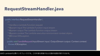 RequestHandler.java
public interface RequestHandler<I, O> {
/**
* Handles a Lambda Function request
* @param input The Lam...
