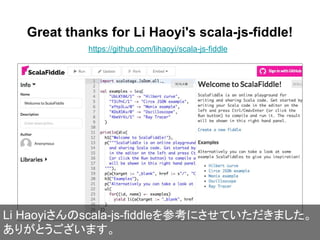 Great thanks for Li Haoyi's scala-js-fiddle!
https://github.com/lihaoyi/scala-js-fiddle
Li Haoyiさんのscala-js-fiddleを参考にさせていただきました。
ありがとうございます。
 