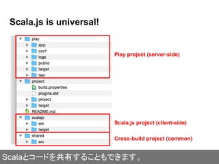 Scala.js is universal!
Play project (server-side)
Scala.js project (client-side)
Cross-build project (common)
Scalaとコードを共有することもできます。
 