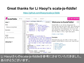 Great thanks for Li Haoyi's scala-js-fiddle!
https://github.com/lihaoyi/scala-js-fiddle
Li Haoyiさんのscala-js-fiddleを参考にさせてい...