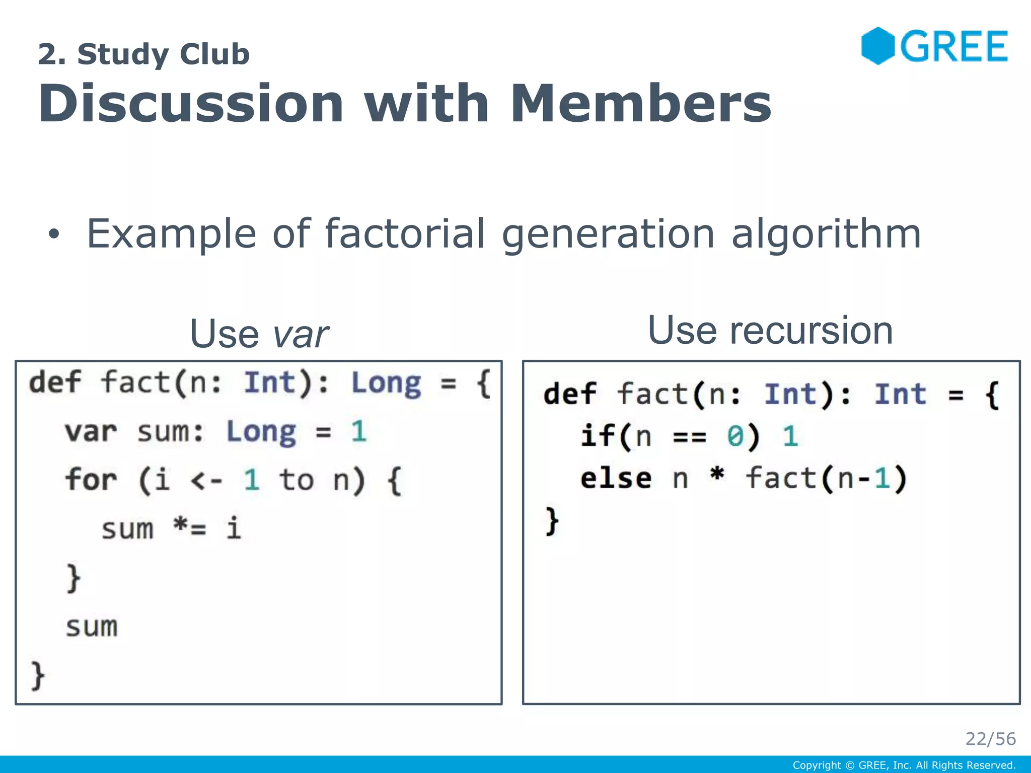 • Example of factorial generation algorithm 
Copyright © GREE, Inc. All Rights Reserved. 
2. Study Club 
Discussion with Members 
Use var Use recursion 
22/56 
 