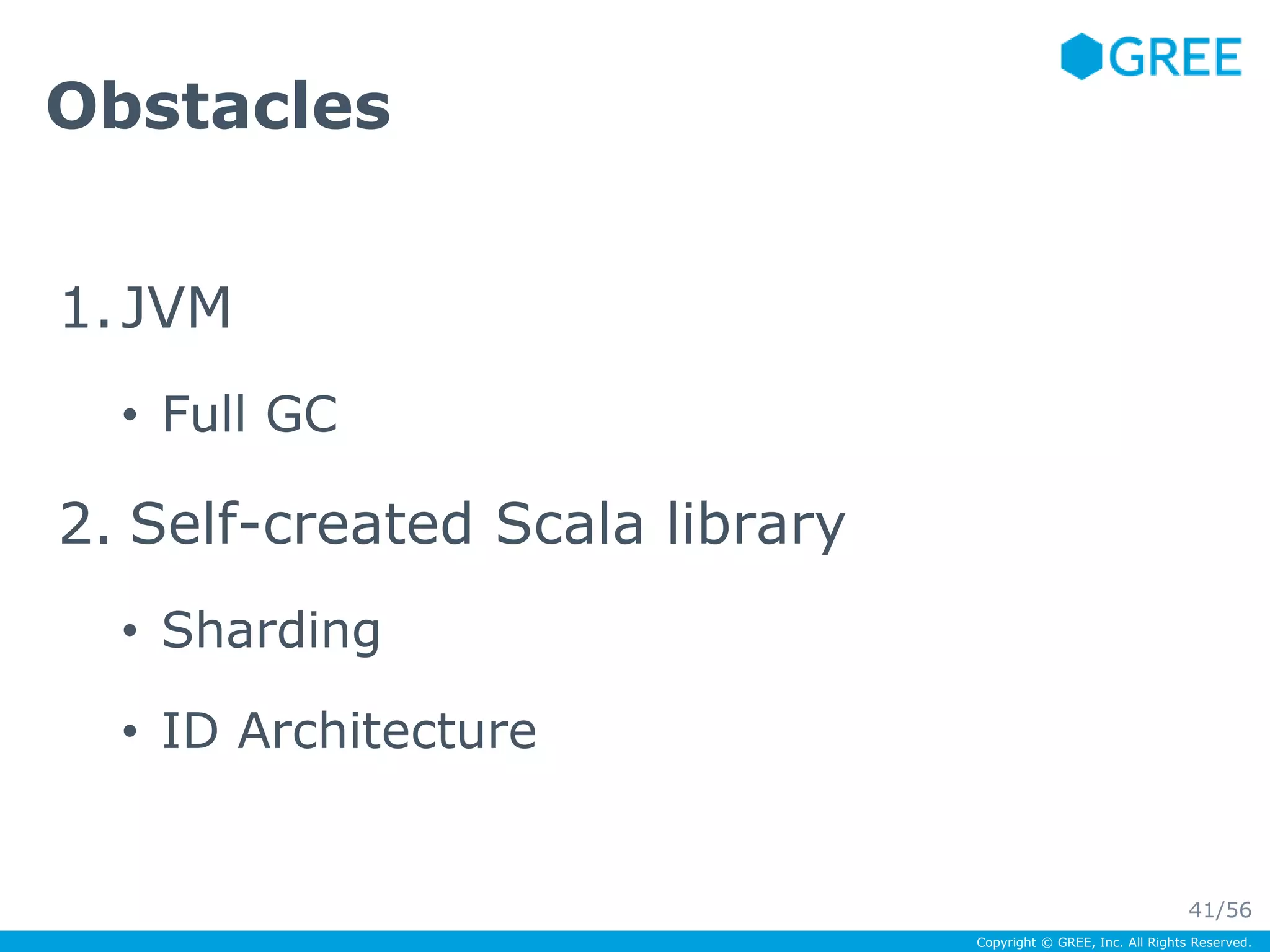 Copyright © GREE, Inc. All Rights Reserved. 
Obstacles 
1.JVM 
• Full GC 
2. Self-created Scala library 
• Sharding 
• ID Architecture 
41/56 
 