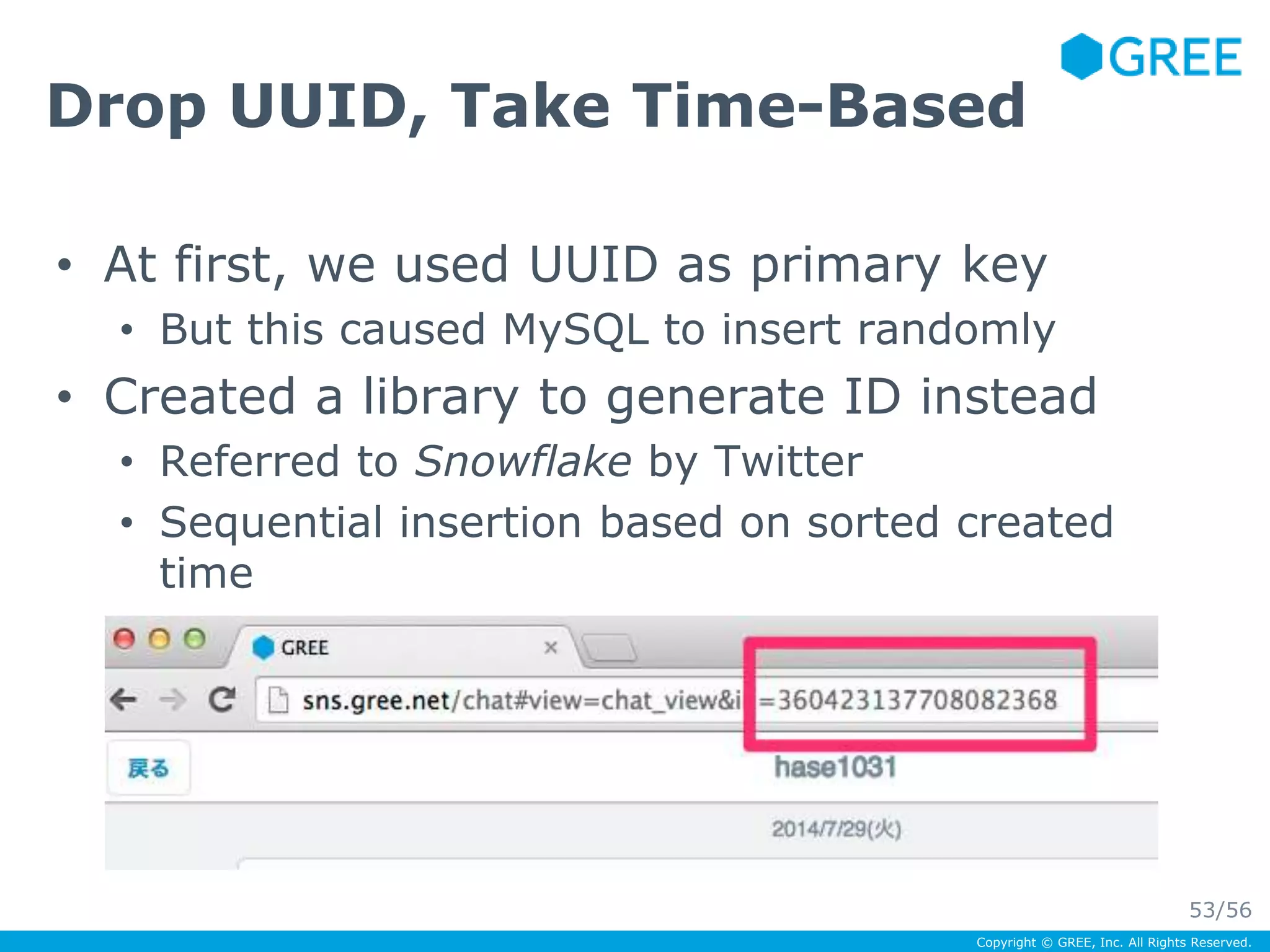 Drop UUID, Take Time-Based 
• At first, we used UUID as primary key 
• But this caused MySQL to insert randomly 
• Created a library to generate ID instead 
• Referred to Snowflake by Twitter 
• Sequential insertion based on sorted created 
time 
53/56 
Copyright © GREE, Inc. All Rights Reserved. 
 