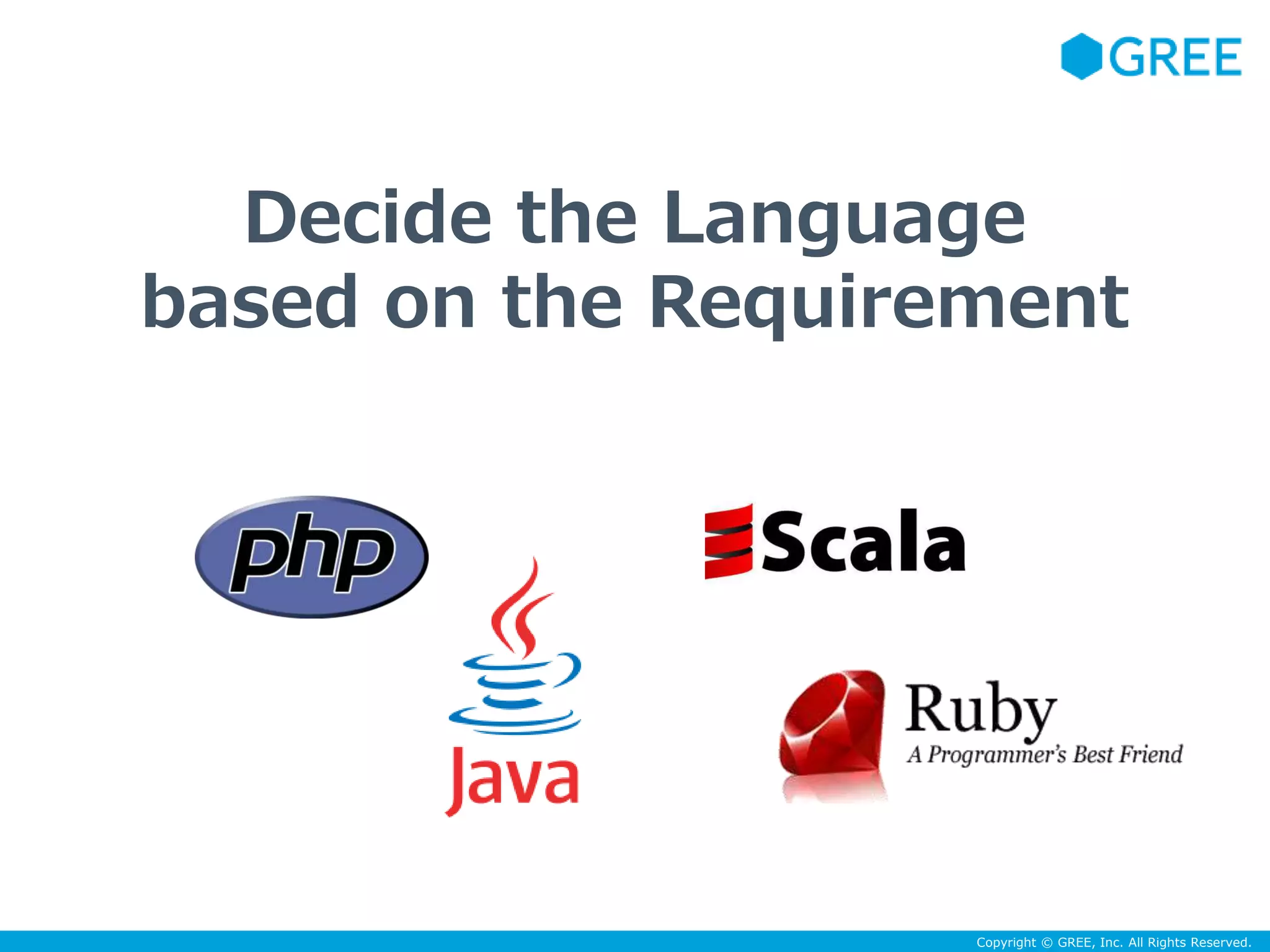 Decide the Language 
based on the Requirement 
Copyright © GREE, Inc. All Rights Reserved. 
 
