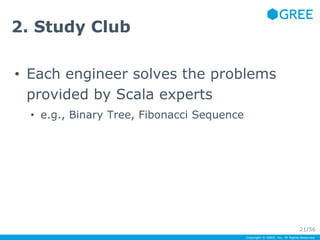2. Study Club 
• Each engineer solves the problems 
provided by Scala experts 
Copyright © GREE, Inc. All Rights Reserved. 
• e.g., Binary Tree, Fibonacci Sequence 
21/56 
 