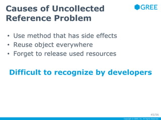 Copyright © GREE, Inc. All Rights Reserved. 
Causes of Uncollected 
Reference Problem 
• Use method that has side effects 
• Reuse object everywhere 
• Forget to release used resources 
Difficult to recognize by developers 
45/56 
 