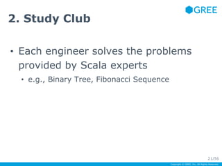2. Study Club 
• Each engineer solves the problems 
provided by Scala experts 
Copyright © GREE, Inc. All Rights Reserved....