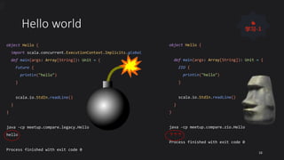 Hello world
object Hello {
import scala.concurrent.ExecutionContext.Implicits.global
def main(args: Array[String]): Unit = {
Future {
println("hello")
}
scala.io.StdIn.readLine()
}
}
java -cp meetup.compare.legacy.Hello
hello
Process finished with exit code 0
object Hello {
def main(args: Array[String]): Unit = {
ZIO {
println("hello")
}
scala.io.StdIn.readLine()
}
}
java -cp meetup.compare.zio.Hello
？？？
Process finished with exit code 0
16
👍
学习-1
 