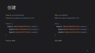创建
Future.successful(42)
Future.failed(new Exception("¿"))
Future {
BigInt(-80538738812075974L).pow(3) +
BigInt(80435758145817515L).pow(3) +
BigInt(12602123297335631L).pow(3)
}
Future.unit
ZIO.succeed(42)
ZIO.fail(new Exception("¿"))
ZIO {
BigInt(-80538738812075974L).pow(3) +
BigInt(80435758145817515L).pow(3) +
BigInt(12602123297335631L).pow(3)
}
ZIO.unit
6
 