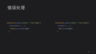 错误处理
Connection.query("select * from table")
.recoverWith { _ =>
Future.successful(Nil)
}
Connection.query("select * from table")
.catchAll { _ =>
ZIO.succeed(Nil)
}
8
 