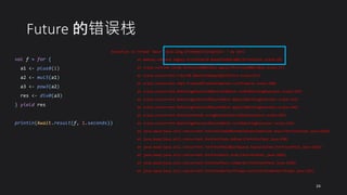 Future 的错误栈
Exception in thread "main" java.lang.ArithmeticException: / by zero
at meetup.compare.legacy.ErrorStack$.$anonfun$div0$1(ErrorStack.scala:18)
at scala.runtime.java8.JFunction0$mcI$sp.apply(JFunction0$mcI$sp.scala:17)
at scala.concurrent.Future$.$anonfun$apply$1(Future.scala:671)
at scala.concurrent.impl.Promise$Transformation.run(Promise.scala:430)
at scala.concurrent.BatchingExecutor$AbstractBatch.runN(BatchingExecutor.scala:134)
at scala.concurrent.BatchingExecutor$AsyncBatch.apply(BatchingExecutor.scala:163)
at scala.concurrent.BatchingExecutor$AsyncBatch.apply(BatchingExecutor.scala:146)
at scala.concurrent.BlockContext$.usingBlockContext(BlockContext.scala:107)
at scala.concurrent.BatchingExecutor$AsyncBatch.run(BatchingExecutor.scala:154)
at java.base/java.util.concurrent.ForkJoinTask$RunnableExecuteAction.exec(ForkJoinTask.java:1429)
at java.base/java.util.concurrent.ForkJoinTask.doExec(ForkJoinTask.java:290)
at java.base/java.util.concurrent.ForkJoinPool$WorkQueue.topLevelExec(ForkJoinPool.java:1016)
at java.base/java.util.concurrent.ForkJoinPool.scan(ForkJoinPool.java:1665)
at java.base/java.util.concurrent.ForkJoinPool.runWorker(ForkJoinPool.java:1598)
at java.base/java.util.concurrent.ForkJoinWorkerThread.run(ForkJoinWorkerThread.java:183)
val f = for {
a1 <- plus8(1)
a2 <- mul5(a1)
a3 <- pow3(a2)
res <- div0(a3)
} yield res
println(Await.result(f, 1.seconds))
24
 