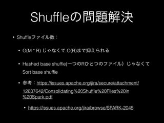 Shufﬂeの問題解決
• Shufﬂeファイル数：
• O(M * R) じゃなくて O(R)まで抑えられる
• Hashed base shufﬂe(一つのRひとつのファイル）じゃなくて
Sort base shufﬂe
• 参考：https://issues.apache.org/jira/secure/attachment/
12637642/Consolidating%20Shufﬂe%20Files%20in
%20Spark.pdf
• https://issues.apache.org/jira/browse/SPARK-2045
 