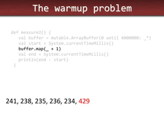 The warmup problem 
def measure2() { 
val buffer = mutable.ArrayBuffer(0 until 4000000: _*) 
val start = System.currentTimeMillis() 
buffer.map(_ + 1) 
val end = System.currentTimeMillis() 
println(end - start) 
} 
241, 238, 235, 236, 234, 429  