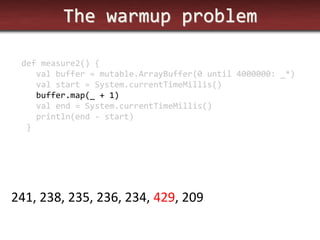 The warmup problem 
def measure2() { 
val buffer = mutable.ArrayBuffer(0 until 4000000: _*) 
val start = System.currentTimeMillis() 
buffer.map(_ + 1) 
val end = System.currentTimeMillis() 
println(end - start) 
} 
241, 238, 235, 236, 234, 429, 209  