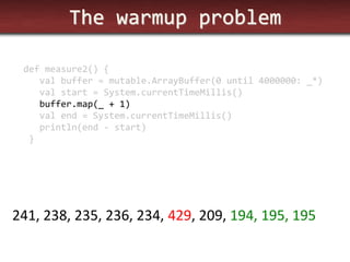 The warmup problem 
def measure2() { 
val buffer = mutable.ArrayBuffer(0 until 4000000: _*) 
val start = System.currentTimeMillis() 
buffer.map(_ + 1) 
val end = System.currentTimeMillis() 
println(end - start) 
} 
241, 238, 235, 236, 234, 429, 209, 194, 195, 195  