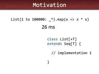 Motivation 
List(1 to 100000: _*).map(x => x * x) 
class List[+T] 
extends Seq[T] { 
// implementation 1 
} 
26 ms  