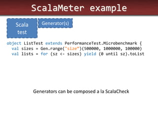 ScalaMeter example 
object ListTest extends PerformanceTest.Microbenchmark { val sizes = Gen.range("size”)(500000, 1000000, 100000) val lists = for (sz <- sizes) yield (0 until sz).toList 
Generators can be composed a la ScalaCheck 
Scala test 
Generator(s)  