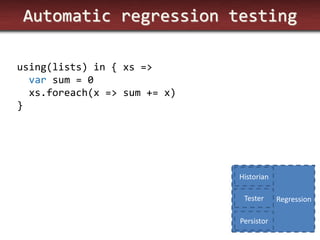 Automatic regression testing 
using(lists) in { xs => var sum = 0 xs.foreach(x => sum += x) } 
Regression 
Historian 
Tester 
Persistor  
