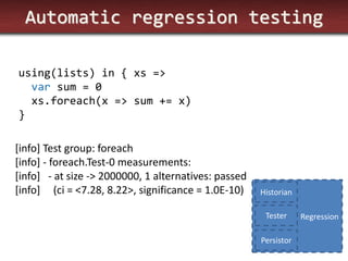 Automatic regression testing 
using(lists) in { xs => var sum = 0 xs.foreach(x => sum += x) } 
[info] Test group: foreach [info] - foreach.Test-0 measurements: [info] - at size -> 2000000, 1 alternatives: passed [info] (ci = <7.28, 8.22>, significance = 1.0E-10) 
Regression 
Historian 
Tester 
Persistor  