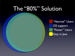 The “80%” Solution
              “Normal” Users
              DS support
              “Power” Users
              Easy in Java
 